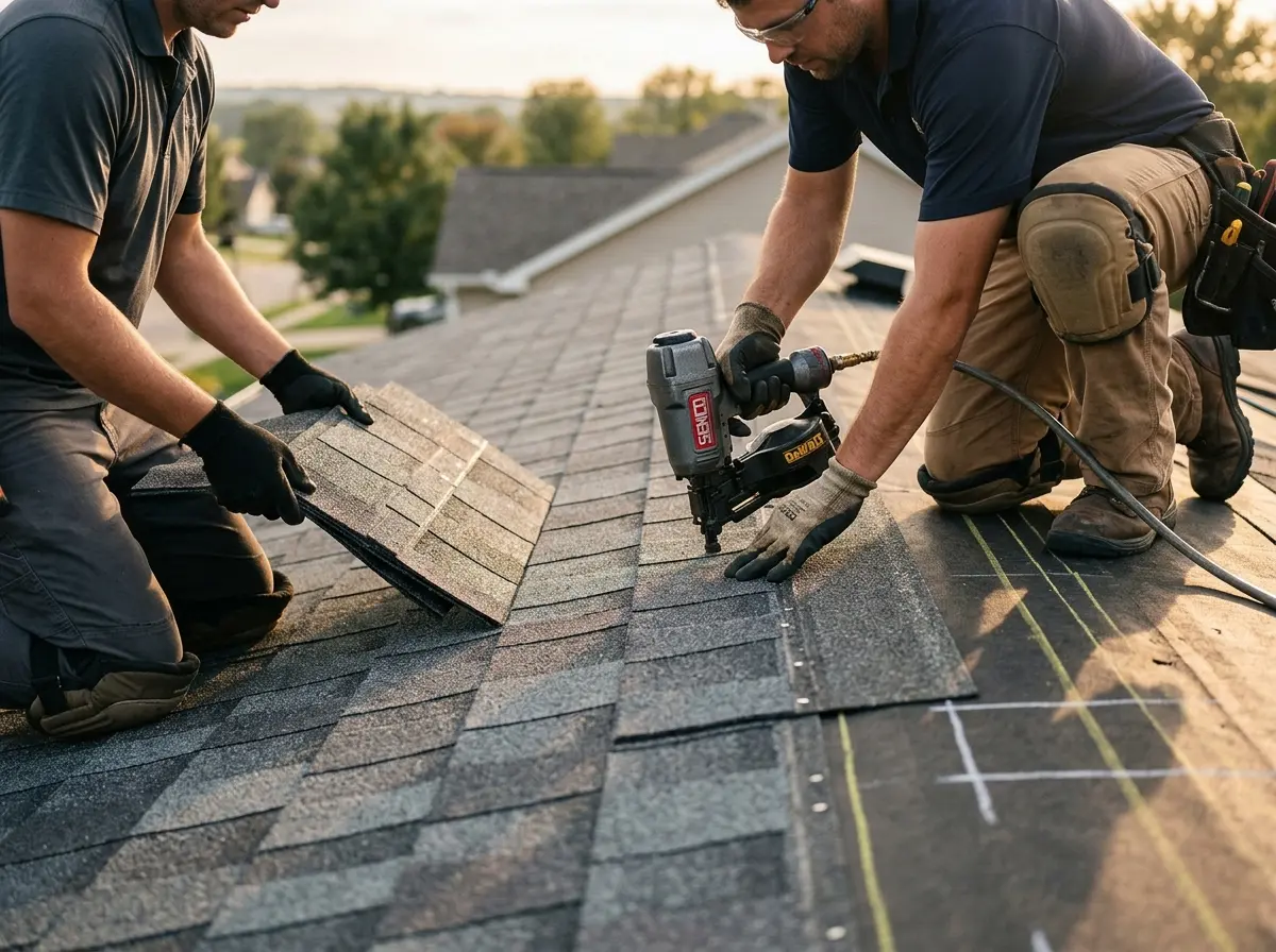 Professional roofer working on a residential roof in Plantation
